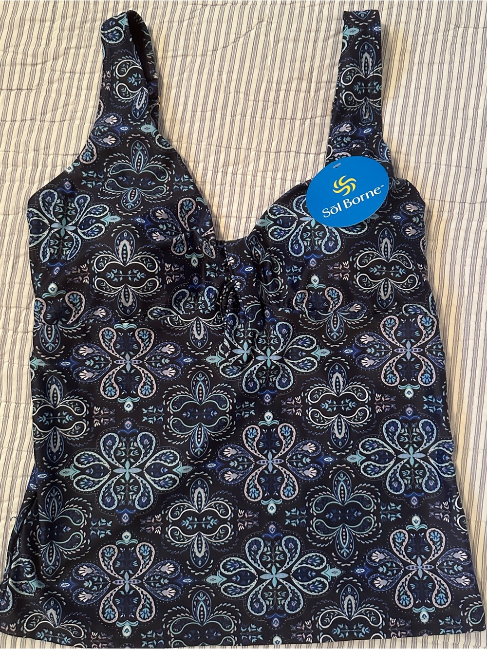 NEW! Sol Borne Blue Printed Tankini Top XL Molded Cups Adjustable Straps Swim